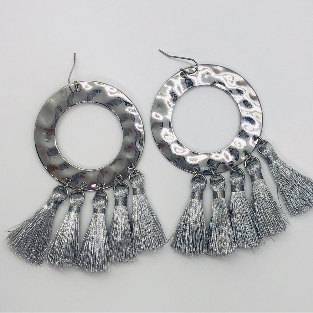 Carolina Hill circle tassel 3” silver earrings .